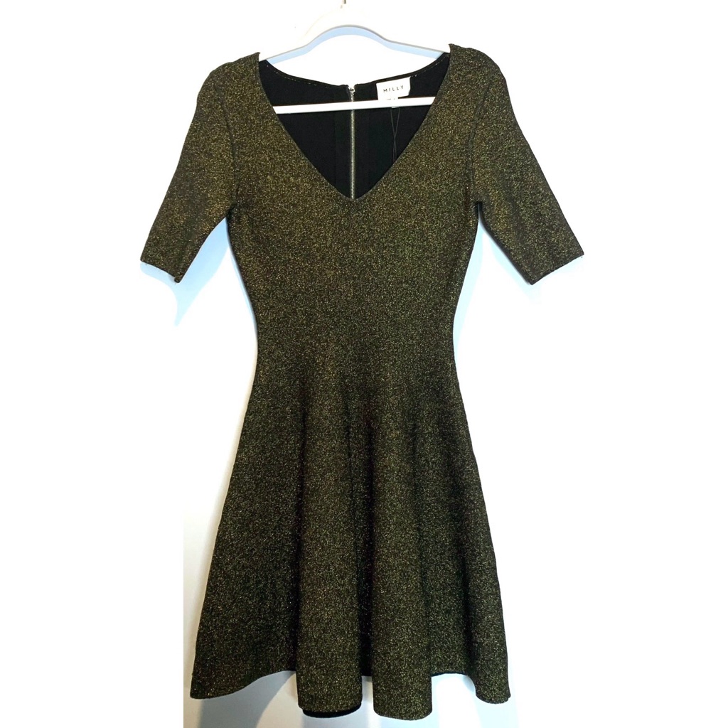 Milly Metallic Double Knit Dress Bronze Skater Skirt V-Neck Gold Black